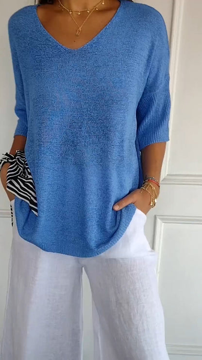 AuraLuxe V-Neck Knit Top