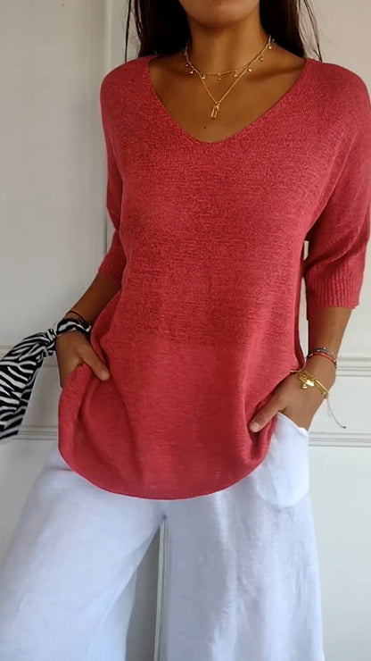 AuraLuxe V-Neck Knit Top